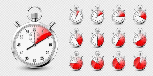 Realistische klassische Stoppuhren-Ikonen. Glänzendes Metall Chronometer, Zeitzähler mit Zifferblatt. Roter Countdown-Timer mit Minuten und Sekunden. Zeitmessung für Sport, Start und Ziel. Vektorillustration. - Vektor, Bild