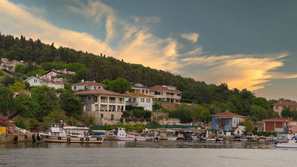 View of the mountains of Kinaliada island from Marmara Sea, with traditional summer houses and boats, Istanbul, Turkey - Photo, Image