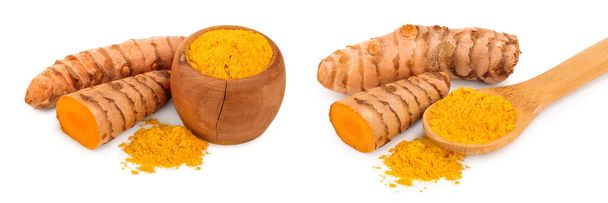 turmeric root and powder isolated on white background close up, - Photo, Image
