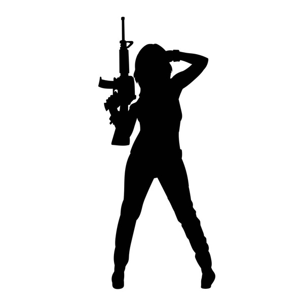 siluetti naissotilaan pitämällä konekivääri. Femme fatalen siluetti tuliaseella varustettuna. - Vektori, kuva