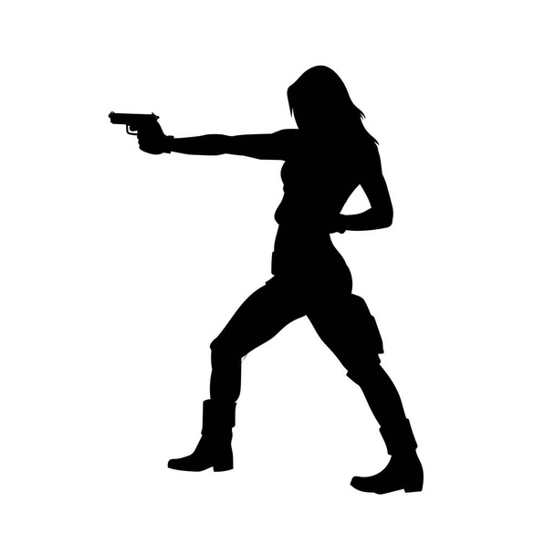 Силуэт соблазнительной женщины с пистолетом в руках. женский роковой силуэт. Силуэт женщины-детектива. - Вектор,изображение