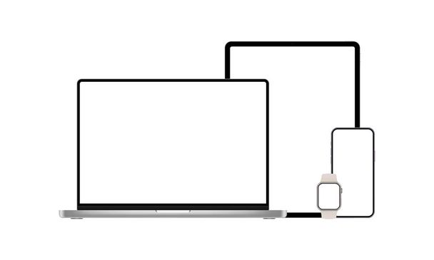 空白の画面を持つ電子デバイス。ノートパソコン、タブレット、電話、スマートウォッチ、ホワイトの背景に隔離されています。ベクターイラスト - ベクター画像