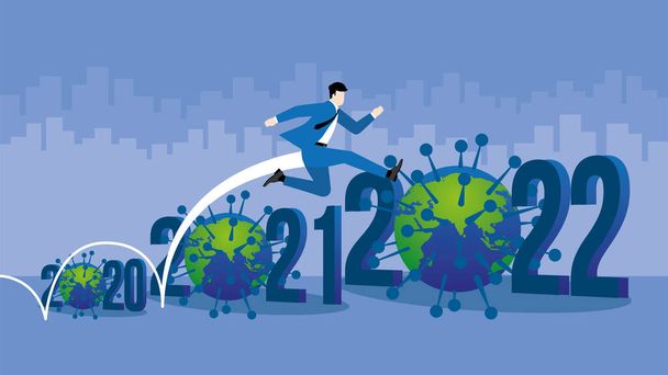 Businessman jumping overcome obstacles. Manager jump over the year 2020, 2021, 2022 number and virus, COVID-19 coronavirus global problem. Business concept of economic crisis, bigger problem solving. - Vector, Image