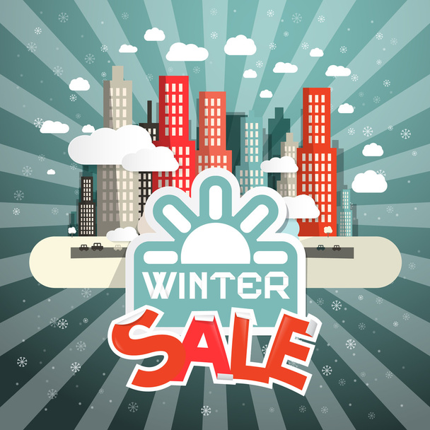 Χειμώνας πώληση εικονογράφηση φορέας με την πόλη, τα σύννεφα και ήλιο - Διάνυσμα, εικόνα