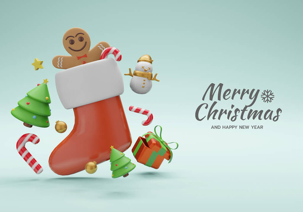 3d illustration Merry Christmas with a big red sock with small gingerbread men inside, gift box, candy cane, small xmas tree and small snowman wearing gold scarf and gold winter hat. Background Xmas. Horizontal new year poster, greeting card. - Photo, Image