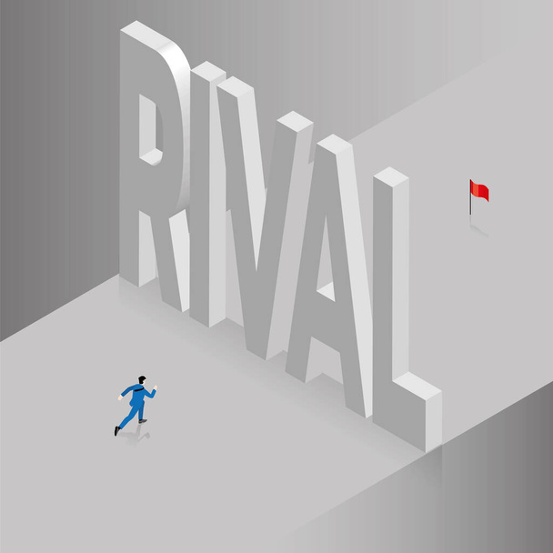 Üzletember szembenéz nagy szöveges megfogalmazás RIVAL, akadályok a piros zászló cél. Üzleti koncepció a gazdasági válság, problémamegoldás, folyamatos, ambíció, siker, kihívás, teljesítmény, motiváció. - Vektor, kép