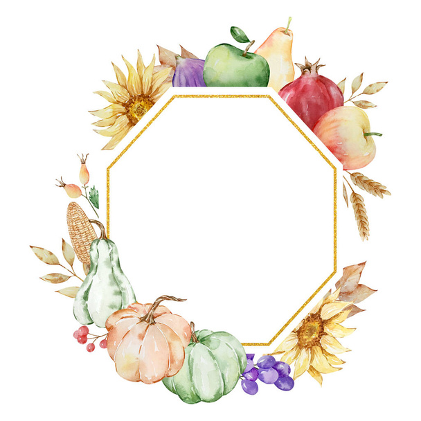 感謝祭の日のデザインのための水彩果物やカボチャの秋の黄金の幾何学的なフレーム - 写真・画像