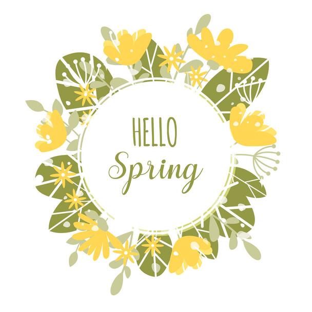Hallo Frühling floralen Kreis Rahmen. Federkartenvektordarstellung isoliert auf weißem Hintergrund - Vektor, Bild