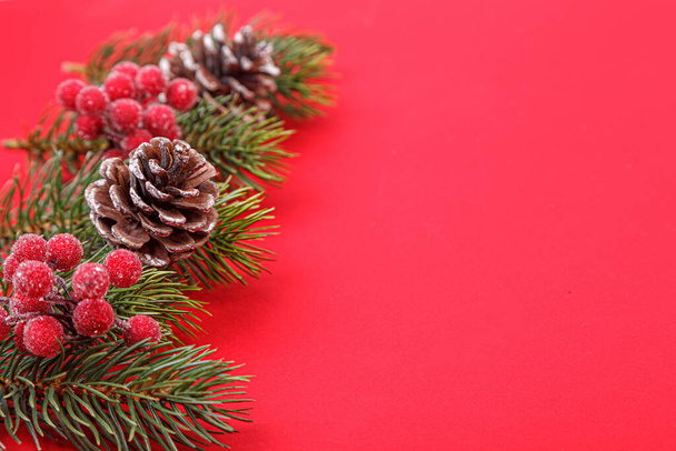Weihnachtsbaumzweige mit Zapfen auf rotem Hintergrund in Großaufnahme - Foto, Bild