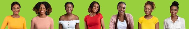 Collection de portraits studio de jolies jeunes femmes afro-américaines posant sur fond vert, souriant à la caméra, collage, bannière web pour le concept de femmes d'affaires millénaires - Photo, image