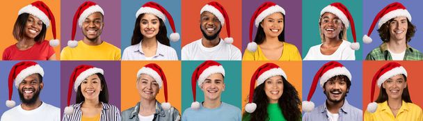 Mosaico de pessoas multiculturais bonitas alegres homens e mulheres várias idades vestindo chapéus vermelhos de Papai Noel, sorrindo para a câmera, celebrando novo 2023 ano, fundos coloridos, conjunto de fotos de estúdio, panorama - Foto, Imagem