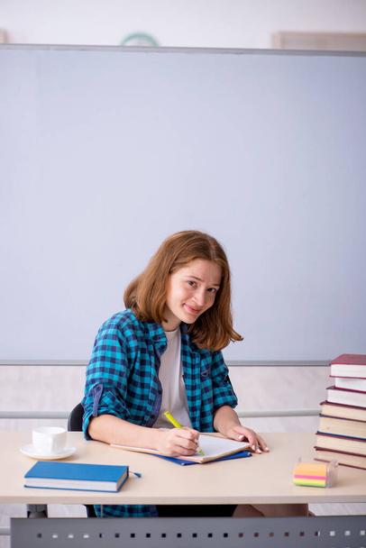 Młoda uczennica przygotowująca się do egzaminów w klasie - Zdjęcie, obraz