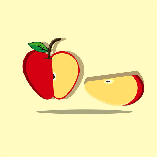 赤いリンゴ全体の果物と半分は白い背景に隔離されたスライスされました。パッケージデザインのために甘いリンゴのアイコンを熟す。平型のベクトルフルーツイラスト. - ベクター画像