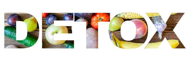 Слово "детоксикация" сделано из овощей. Концепция здорового питания для кетогенной диеты, очищающего организма, здорового питания.. - Фото, изображение