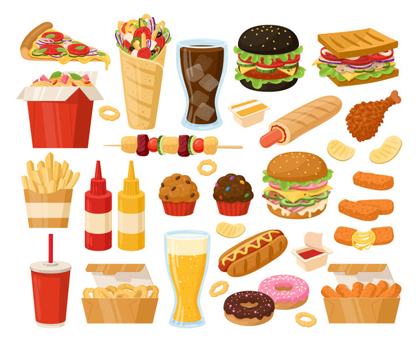 Cartoon junk fastfood, pizza, shawarma, hamburger en frietjes. Afhaalrestaurant eten, gebakken kip, hotdog en wafels platte vector illustratie collectie. Junk snacks en drankjes set - Vector, afbeelding