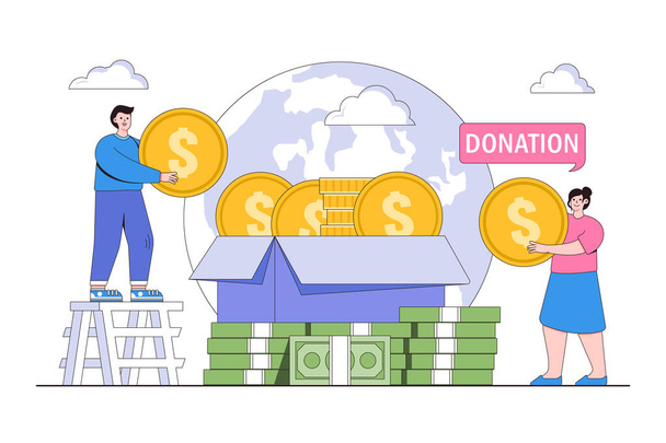 Volunteers at work. Happy young couple, man and woman donating coins together. Concept of volunteering and charity social. Flat cartoon character design for web landing page, banner. - Vector, Image