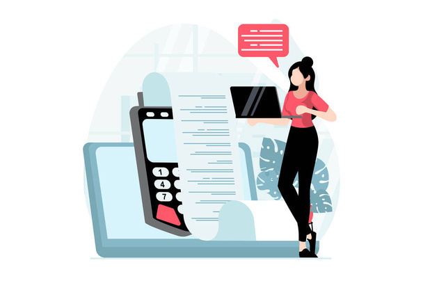 Electronic receipt concept with people scene in flat design. Woman receives digital invoice and paying using cash box and banking application. Illustration with character situation for web - Photo, Image