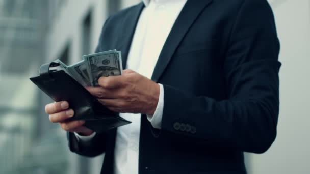 Great income. Close up shot of unrecognizable businessman taking money out of wallet and counting, standing outdoors, slow motion, free space - Footage, Video