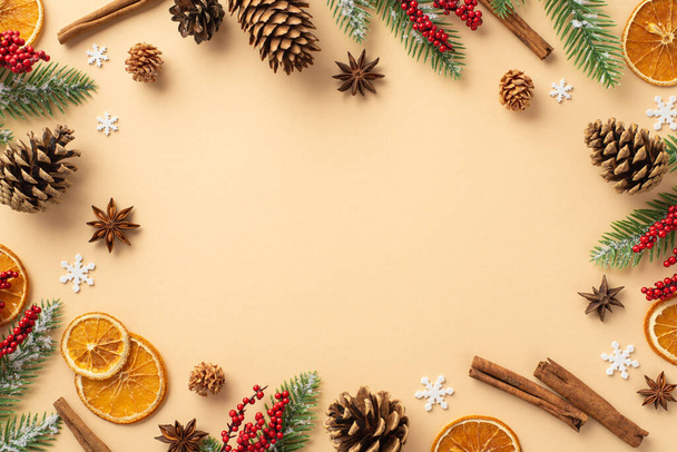 Winter aesthetic concept. Top view photo of fir branches in frost mistletoe berries dried orange slices pine cones cinnamon sticks snowflakes on isolated beige background with copyspace in the middle - Fotoğraf, Görsel
