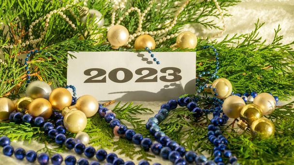 Vánoční ozdoby, zelené jehly, barevné ozdoby, text 2023, Veselé Vánoce a šťastný nový rok! - Fotografie, Obrázek