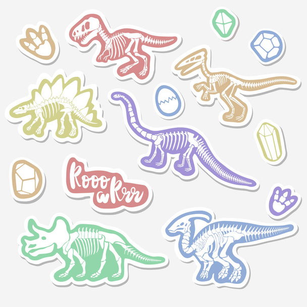 Vector sticker set with dinosaur skeleton isolated on a white background. Original design with dinosaur for children. Print for T-shirts, textiles, wrapping papers, webb. - ベクター画像