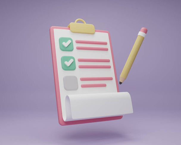 3D-weergave illustratie Cartoon minimale potlood op klembord checklist nota papier management check. Notepad icoon. werkplan tot succes. Business time document markering taak. - Foto, afbeelding