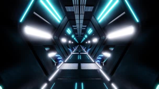 Lazo de animación 3D de corredor redondo iluminado con lámparas brillantes dentro de una nave espacial alienígena futurista - Metraje, vídeo