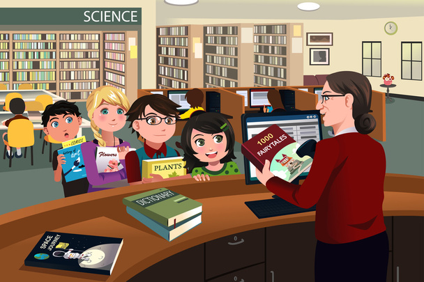 Kids checking out books in the library - Vector, Image