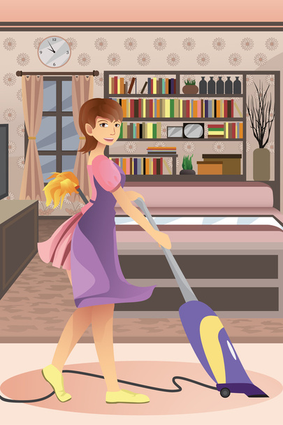 Happy woman vacuuming carpet - Vector, Image