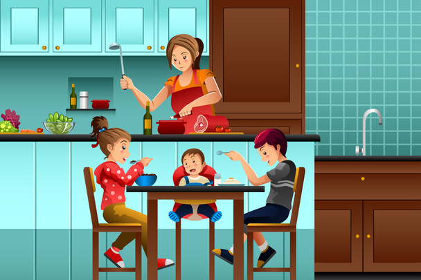 Ocupada madre en la cocina con sus hijos
 - Vector, imagen