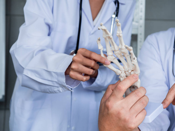 Ludzki model szkieletu dłoni lub nadgarstka na biurku wskazywany przez dorosłego lekarza dostarcza wiedzy lekarzom. Dwóch lekarzy w białych mundurach rozmawiających, pracujących razem w gabinecie medycznym.. - Zdjęcie, obraz