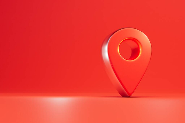 a red GPS point on a red background. copy paste, copy space. 3D render. - Foto, afbeelding