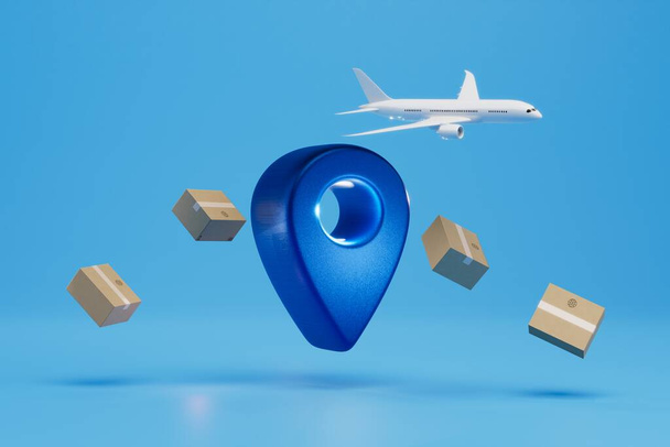 特定の場所に飛行機で小包を配達します。飛行機と小包とGPSを青の背景に。3Dレンダリング. - 写真・画像