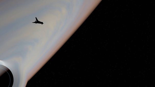 宇宙船はカラフルなブラックホールの降着円盤の横を飛んでいます(3Dレンダリング)) - 写真・画像