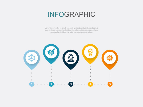 szerviz, értékesítés, támogatás, minőség, optimalizálás ikonok Infographic design template. Kreatív koncepció 5 lépésben - Vektor, kép