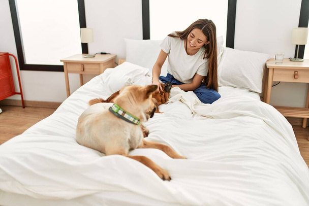 Young hispanic woman playing with dogs sitting on bed at bedroom - Фото, изображение