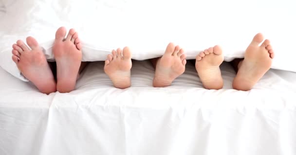 Nohy bosé rodiny v posteli pod peřinou. Pohodlný rodinný spánek a relaxace v ložnici - Záběry, video