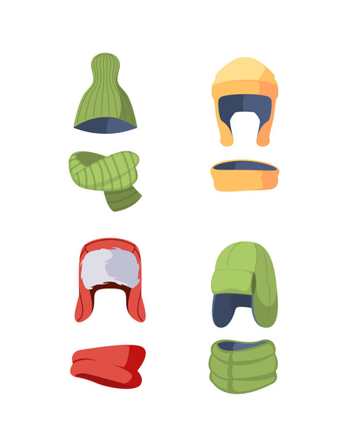 Set Of Colorful Children Hats and Scarves, Kids Headwear Design For Cold Weather. Autumn or Winter Season Knit Textile Caps For Girls Or Boys Isolated On White Background. Cartoon Vector Illustration - Vector, Image