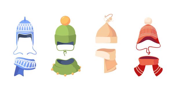 Kinder-Kopfbedeckungen, lustige bunte Kinderhüte für Herbst und Winter, Gestricktes und Textilmützen Design-Elemente für kaltes Wetter isoliert auf weißem Hintergrund. Zeichentrickvektorillustration - Vektor, Bild