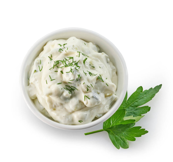 bowl of tzatziki sauce isolated on white background, top view - Photo, Image