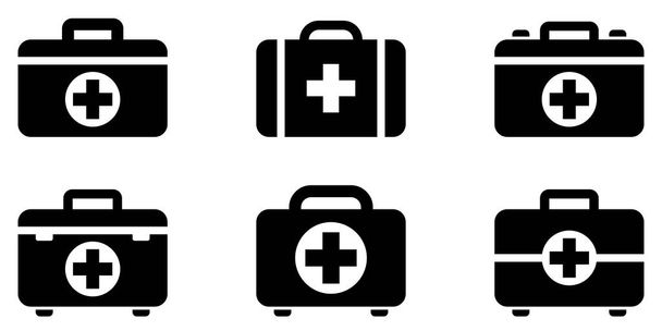 Icona del kit di pronto soccorso. Set di icone del kit di primo soccorso nero su sfondo bianco. Illustrazione vettoriale. Simboli del kit di pronto soccorso - Vettoriali, immagini