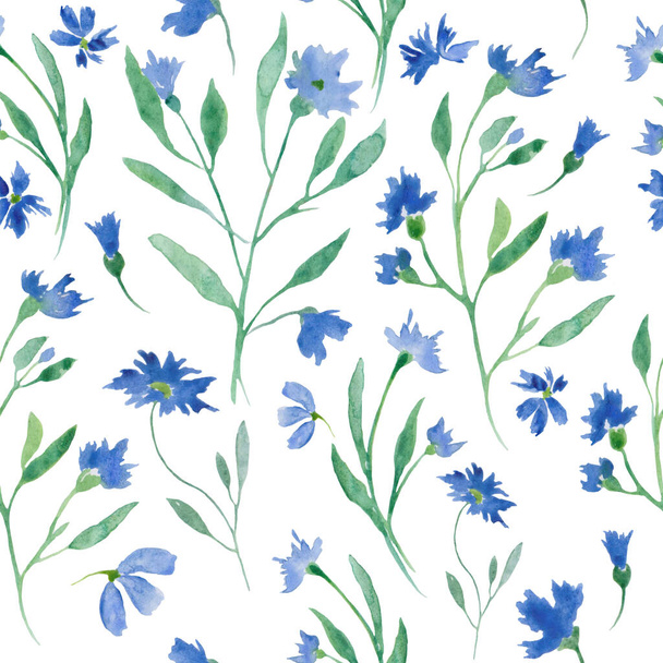 Watercolor seamless pattern with abstract blue flowers, leaves, branches. Hand drawn floral illustration isolated on white background. For packaging, wrapping design or print. Vector EPS. - Vector, imagen