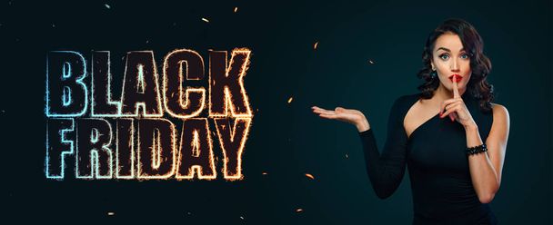 Black Friday Sale Concept. Wide horizontal banner design for a website. Neon sign at blackfriday november holiday. - Foto, imagen