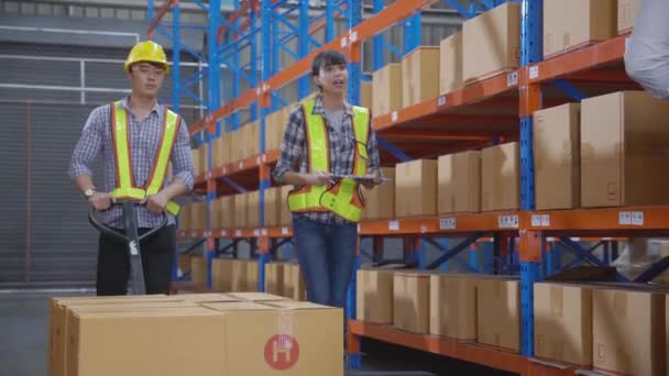 Young man and woman carrying box stack and distribution in the warehouse at factory, worker working holding package in storehouse, logistic and transportation, industrial and cargo concept. - Filmati, video