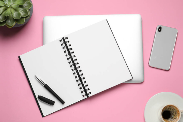 Flat lay composition with stylish notebook on pink background - Zdjęcie, obraz