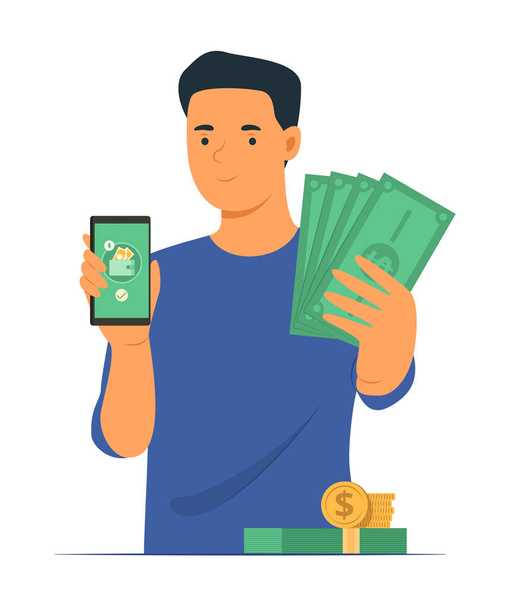 Mies Getting Cash Money Online rahansiirto älypuhelimella Concept Illustration - Vektori, kuva