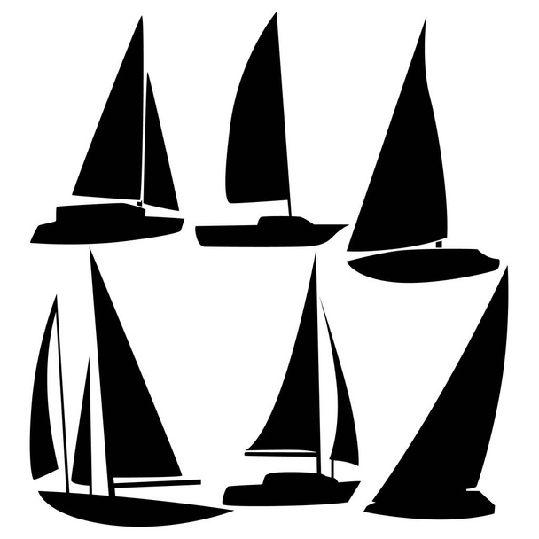 Набор из шести силуэтов парусных яхт. Векторная иллюстрация. - Вектор,изображение
