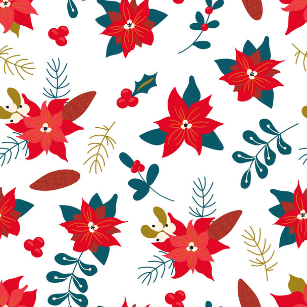 Christmas seamless pattern with poinsettia flowers. Design for fabric, textile, wallpaper, wrapping paper, packaging. - Vector, imagen
