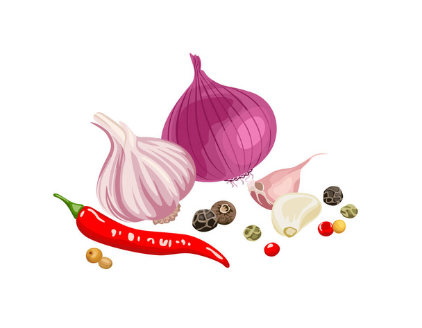 Heaps of hot spices isolated on white. Onion, garlic, chili, peppercorn and allspice. Vector cartoon food illustration. - Vector, Image