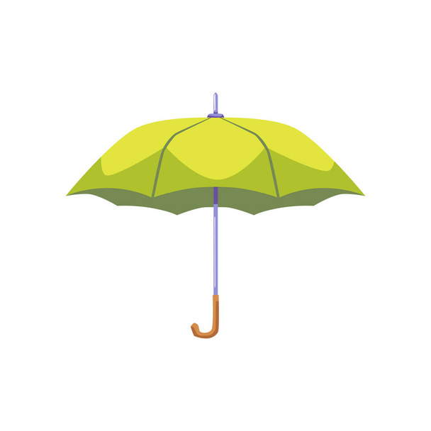Green rain protection umbrella for autumn and summer rainy weather. Open bright umbrella cartoon icon or symbol flat vector illustration isolated on white background. - Вектор, зображення